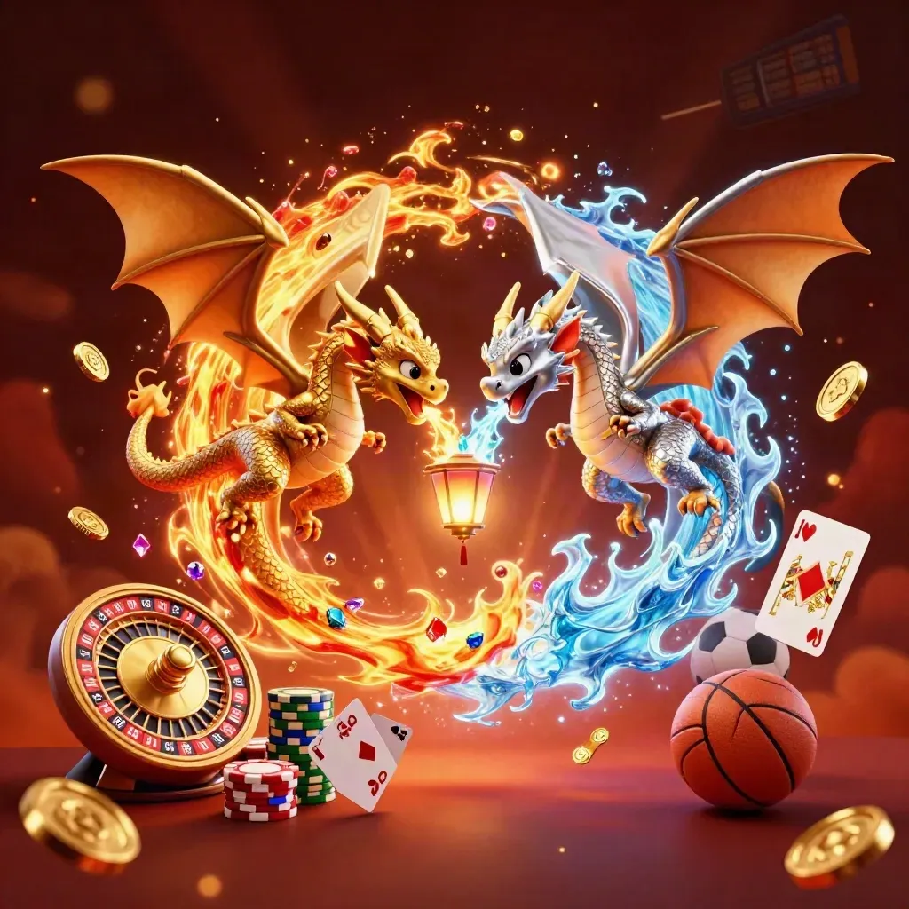 Twin dragons in a yin-yang flight with coins, chips, cards, and sports balls in glowing embers.
