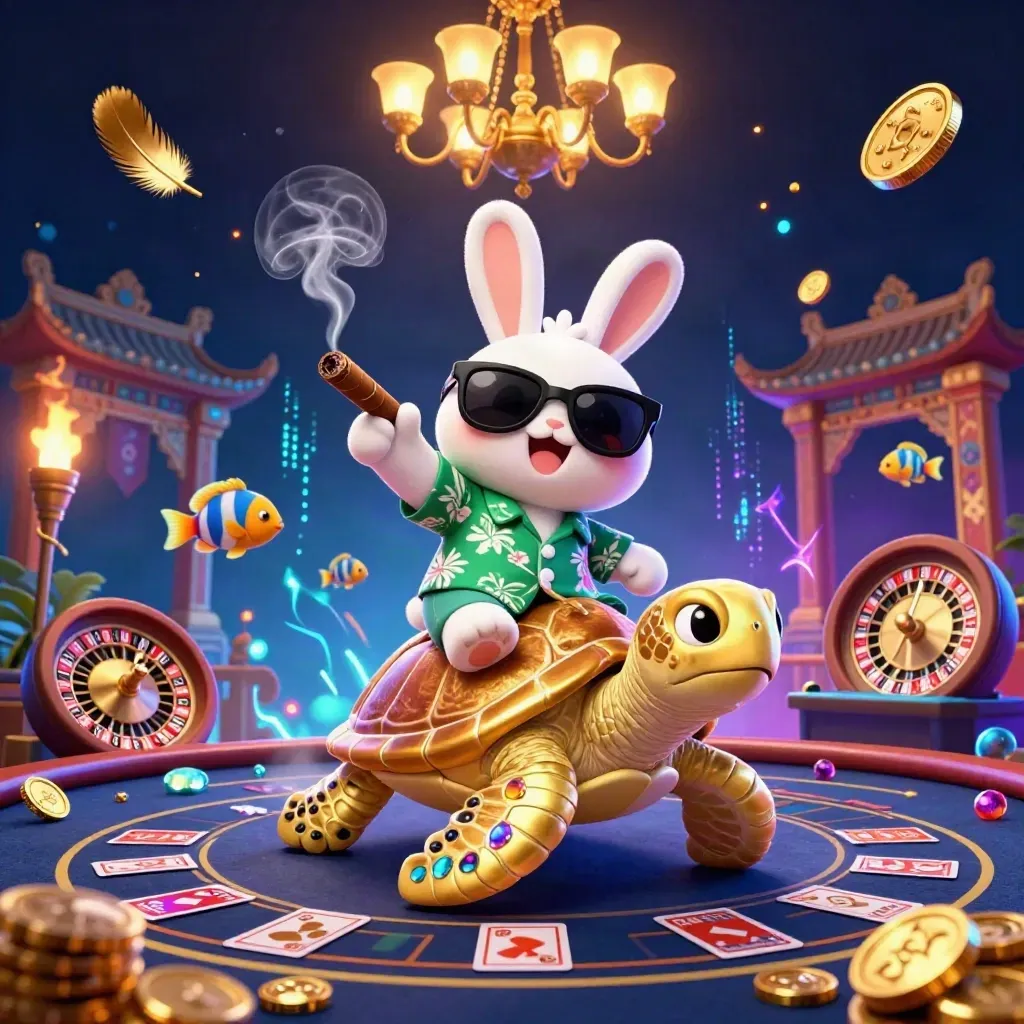 Lucky rabbit rides a gold turtle through a neon casino dream with roulette and blackjack glow.