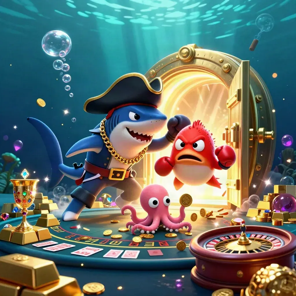 Pirate shark, pufferfish, and baby octopus in a glowing underwater treasure casino.
