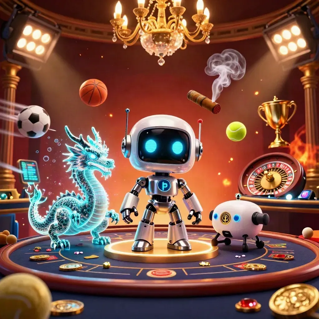 Cyberpunk robot, holographic dragon and drone in a luxe casino glow with coins and a spinning wheel.
