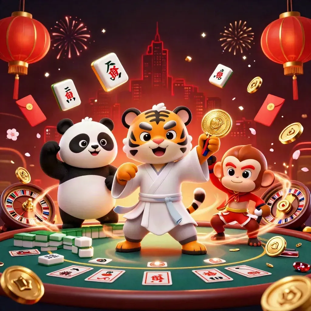 Tiger, panda and monkey casino heroes amid red-and-gold lights, coins and fireworks