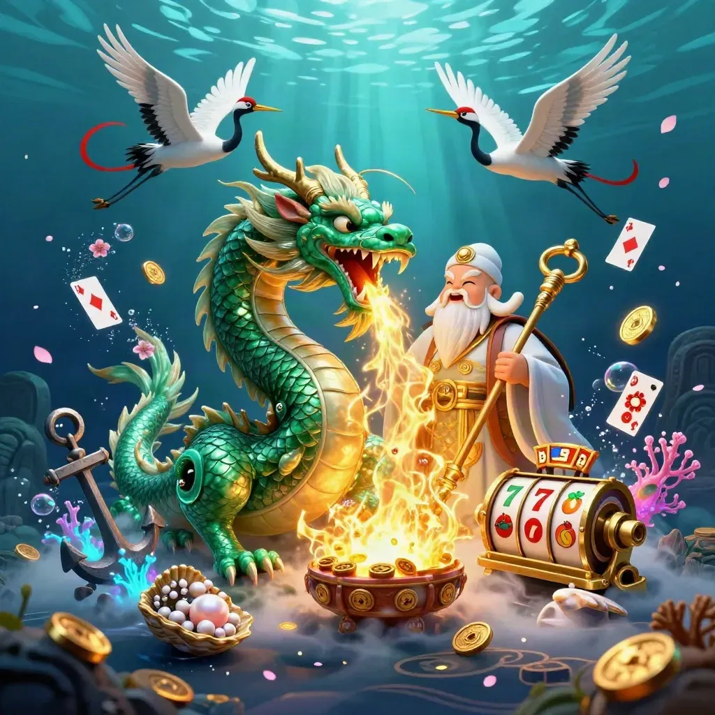Emerald dragon, turtle sage, and cranes in an underwater treasure cove with coins, coral, and glowing magic.