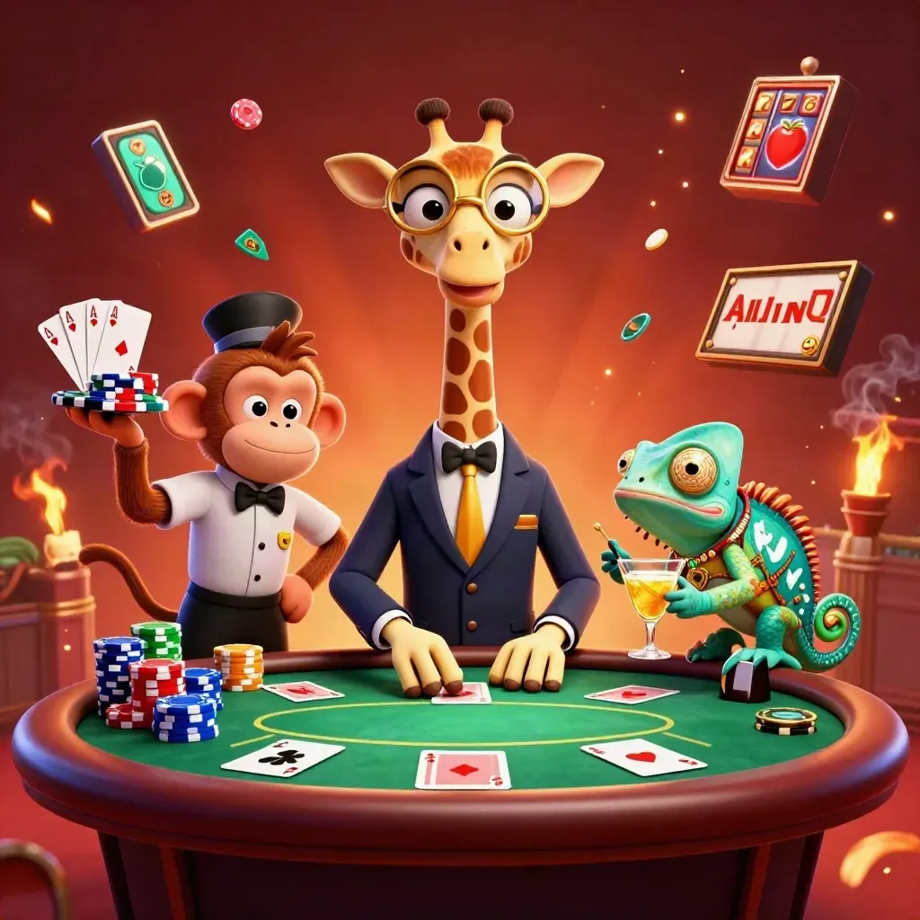 High-roller giraffe, monkey valet, and chameleon bartender amid chips, cards, embers, and emerald glow.