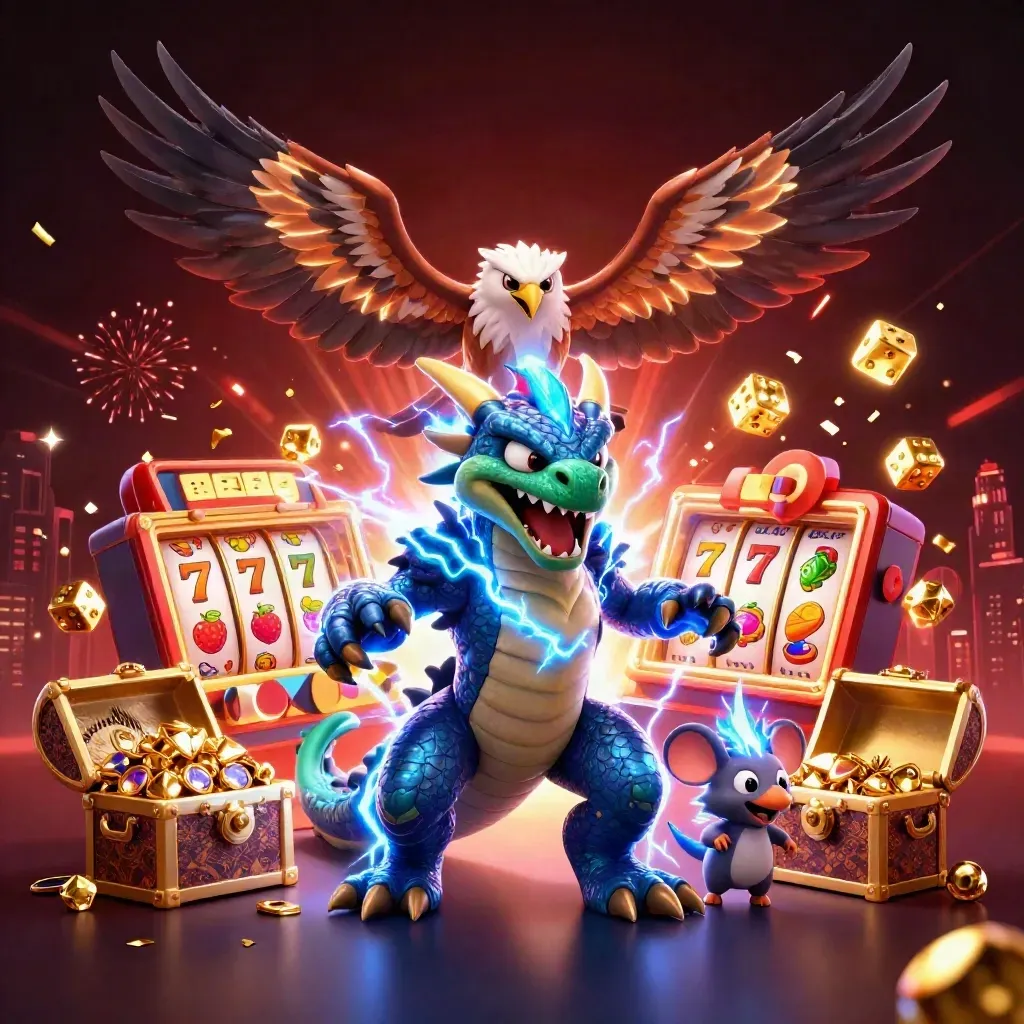 Thunder dragon, wind hawk, and static mouse burst from a jackpot slot machine in electric casino glam.