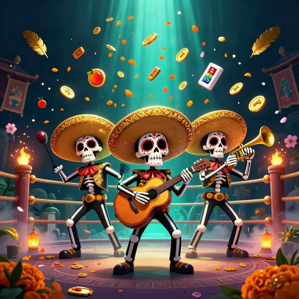 Skeleton mariachi trio in gold storm, with temple gate, coins, petals, and teal underwater glow.