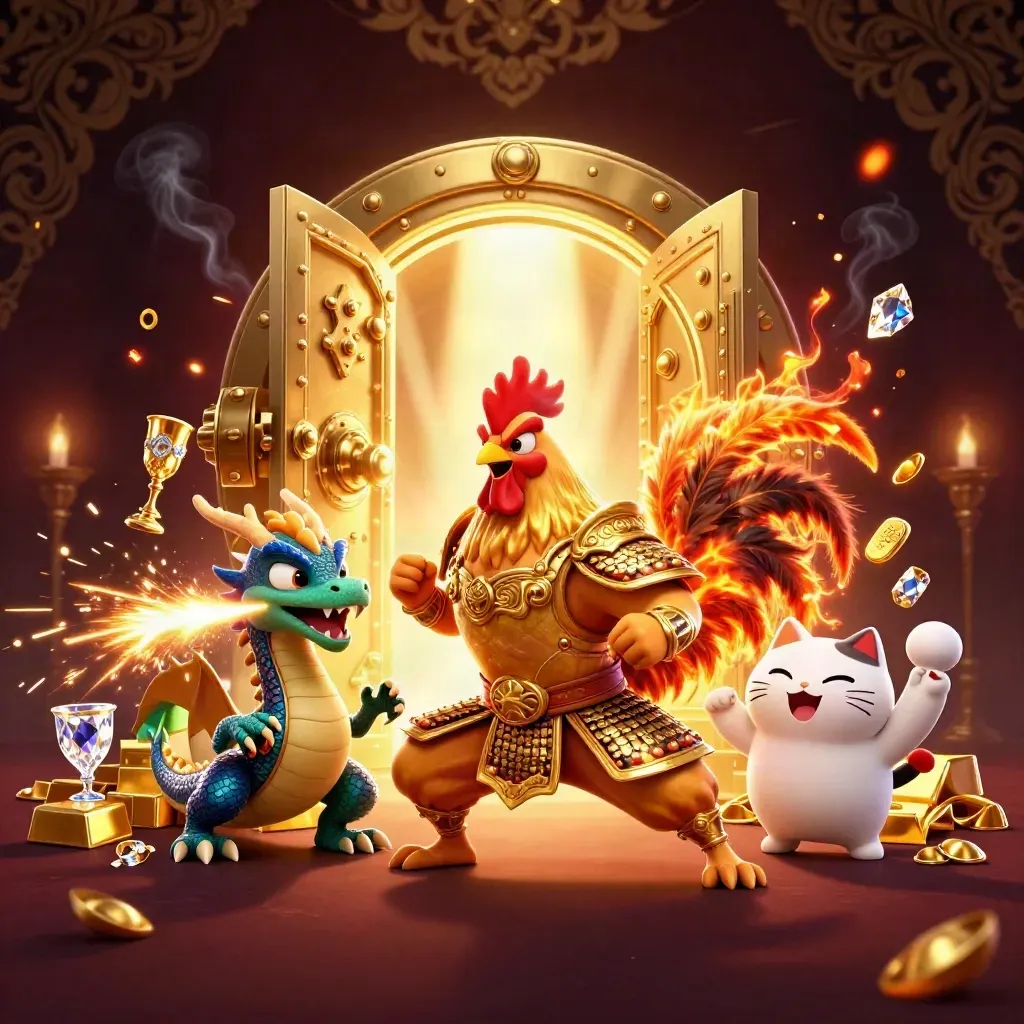 Rooster warrior, dragon hatchling, and fortune cat in a gold vault blast with embers and gems.
