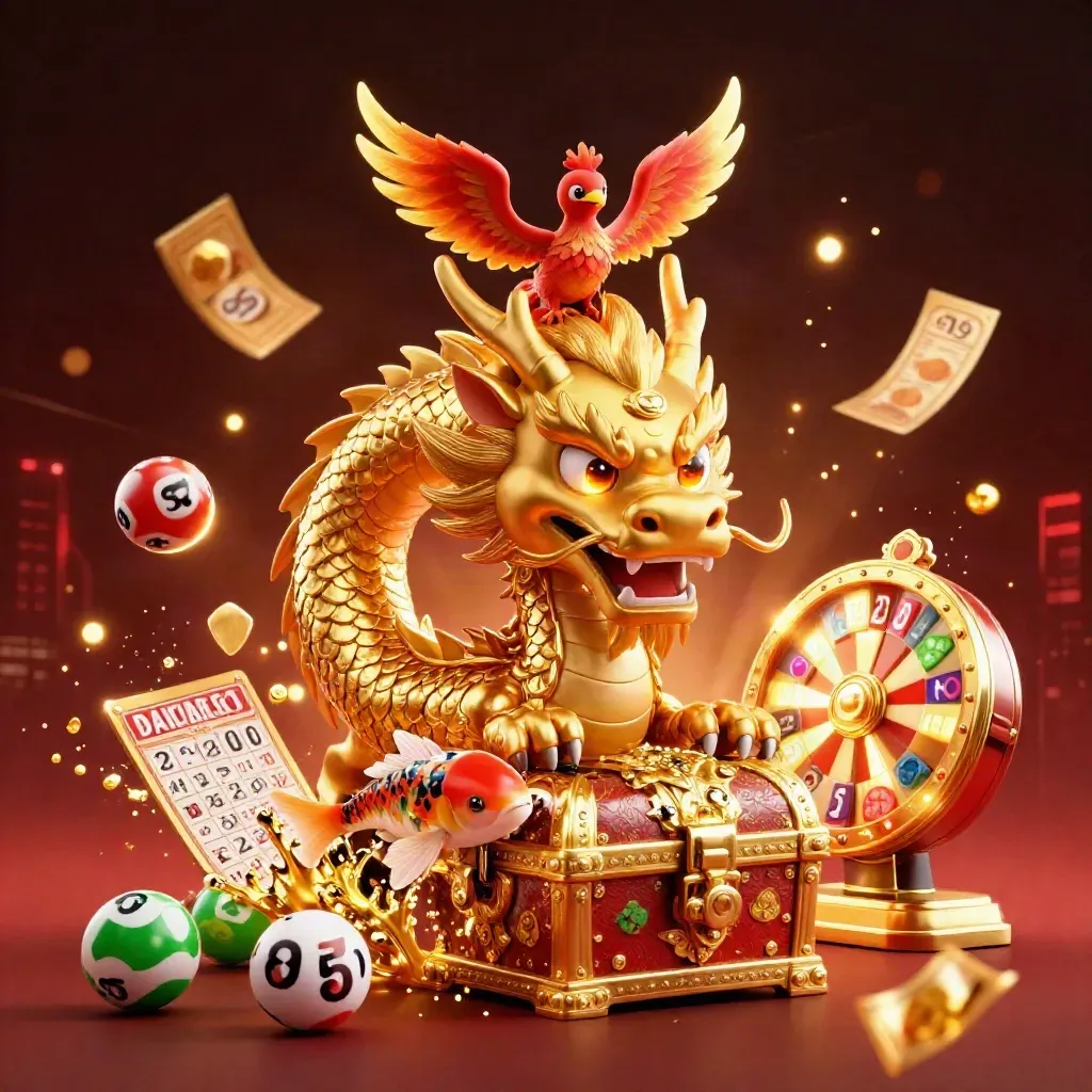 Golden dragon, phoenix, koi, and casino treasures burst in a luxe neon splash.