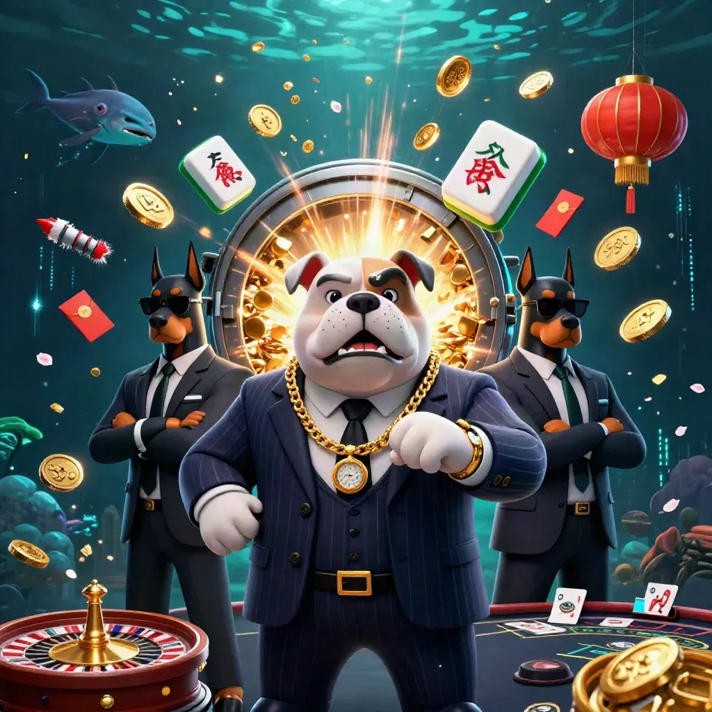 Bulldog casino boss with Doberman guards amid gold coins, fireworks, lanterns and neon casino effects