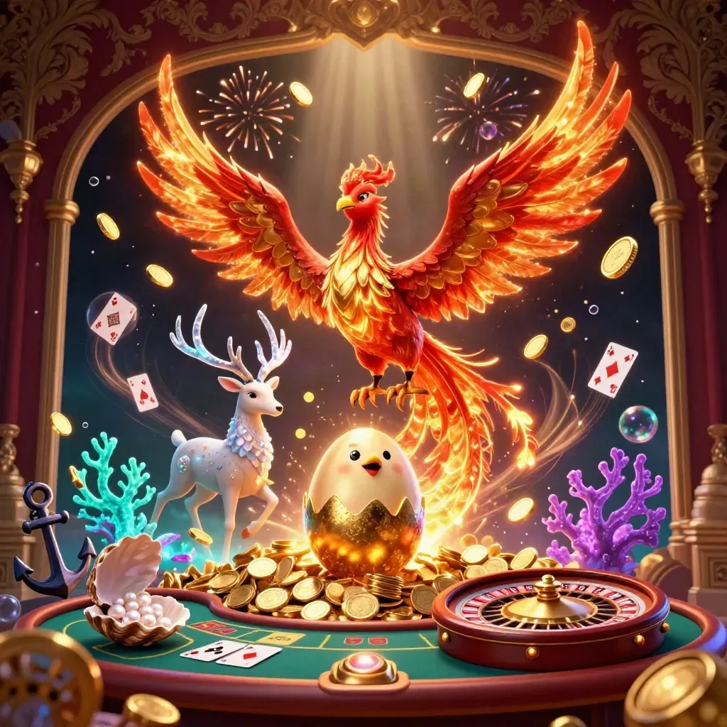 Phoenix, stag, and treasure burst from a casino vault amid coins, cards, and fireworks.