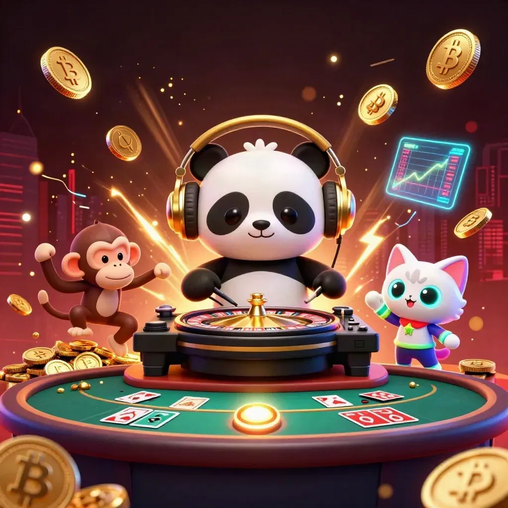 DJ panda, breakdancing monkey and glow-stick kitten explode amid coins, neon crypto effects and fireworks.