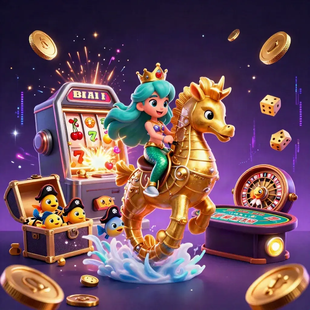Mermaid princess on armored seahorse amid exploding slots, coins, and casino treasures.
