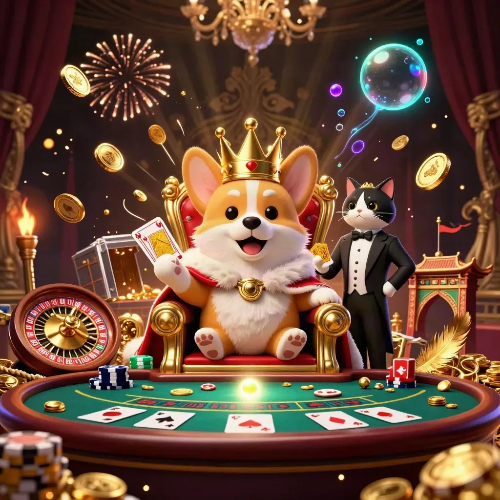 Crowned corgi and cat butler amid casino treasure, coins, fireworks, and glowing cards.