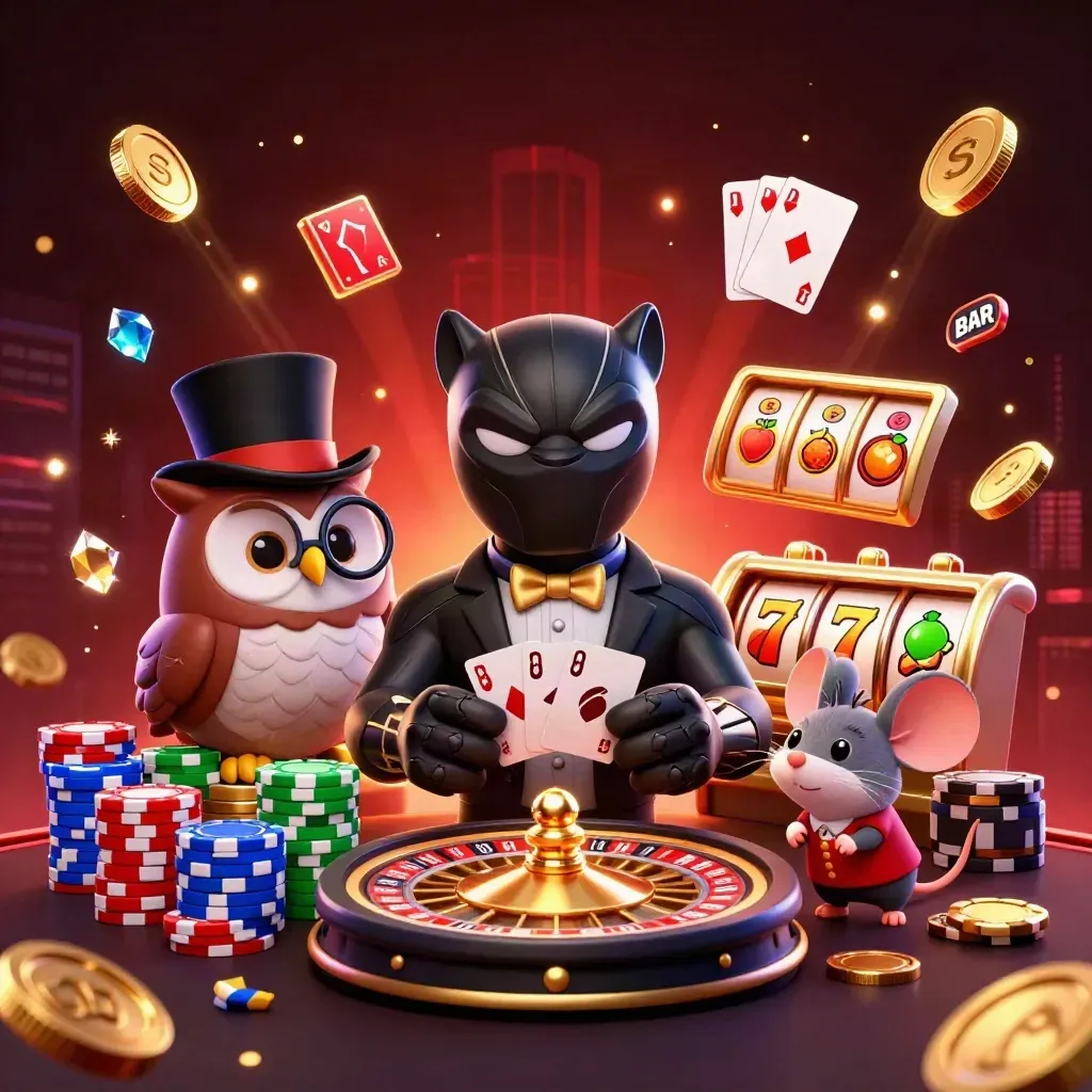 Panther, owl, and mouse casino heroes amid chips, coins, roulette, and neon-gold lights.