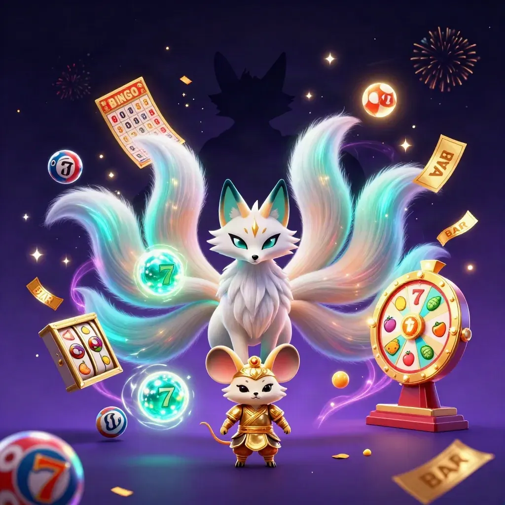 Nine-tailed fox spirit and golden mouse amid casino reels, balls, wheel, and glowing confetti.