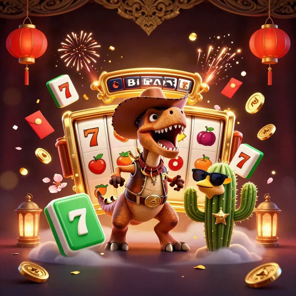 Cowboy T-Rex, cactus sidekick, and roadrunner bursting through casino reels and gold-lit lucky symbols.