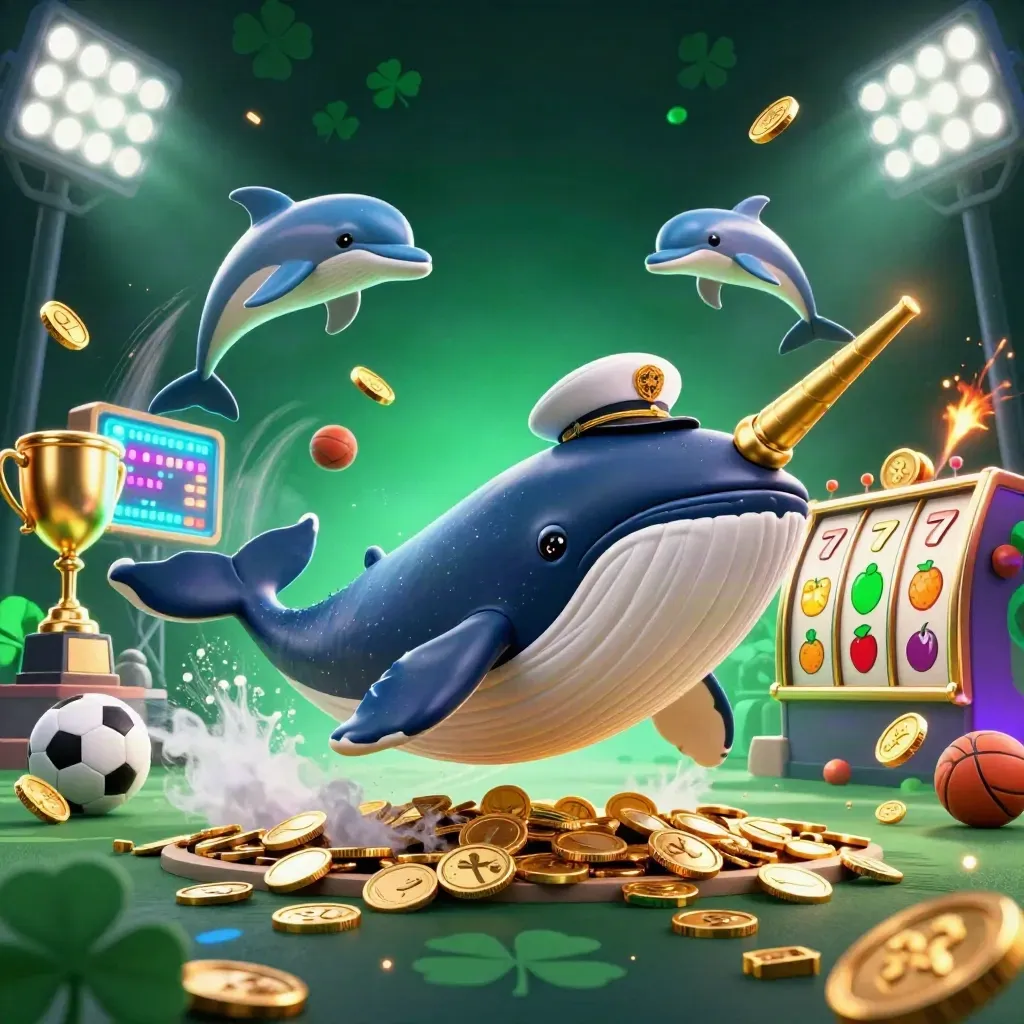 Captain whale, narwhal, and dolphins bursting through coins with casino lights and sports balls.