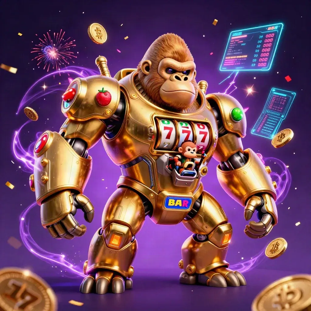 Golden gorilla slot mech with tiny monkey pilot, coins, lightning, and purple-gold casino glow