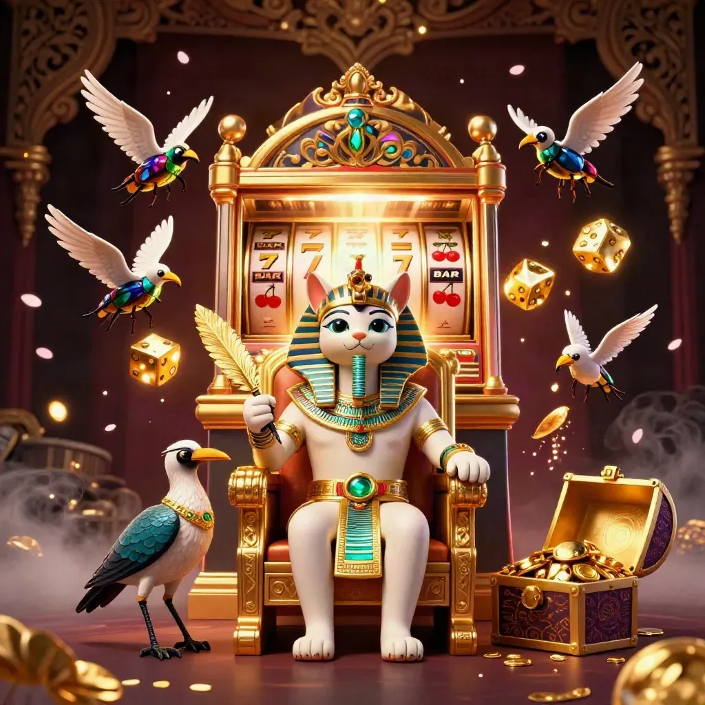 Pharaoh cat on throne with ibis scribe, scarabs, slot burst, gold and purple casino fantasy