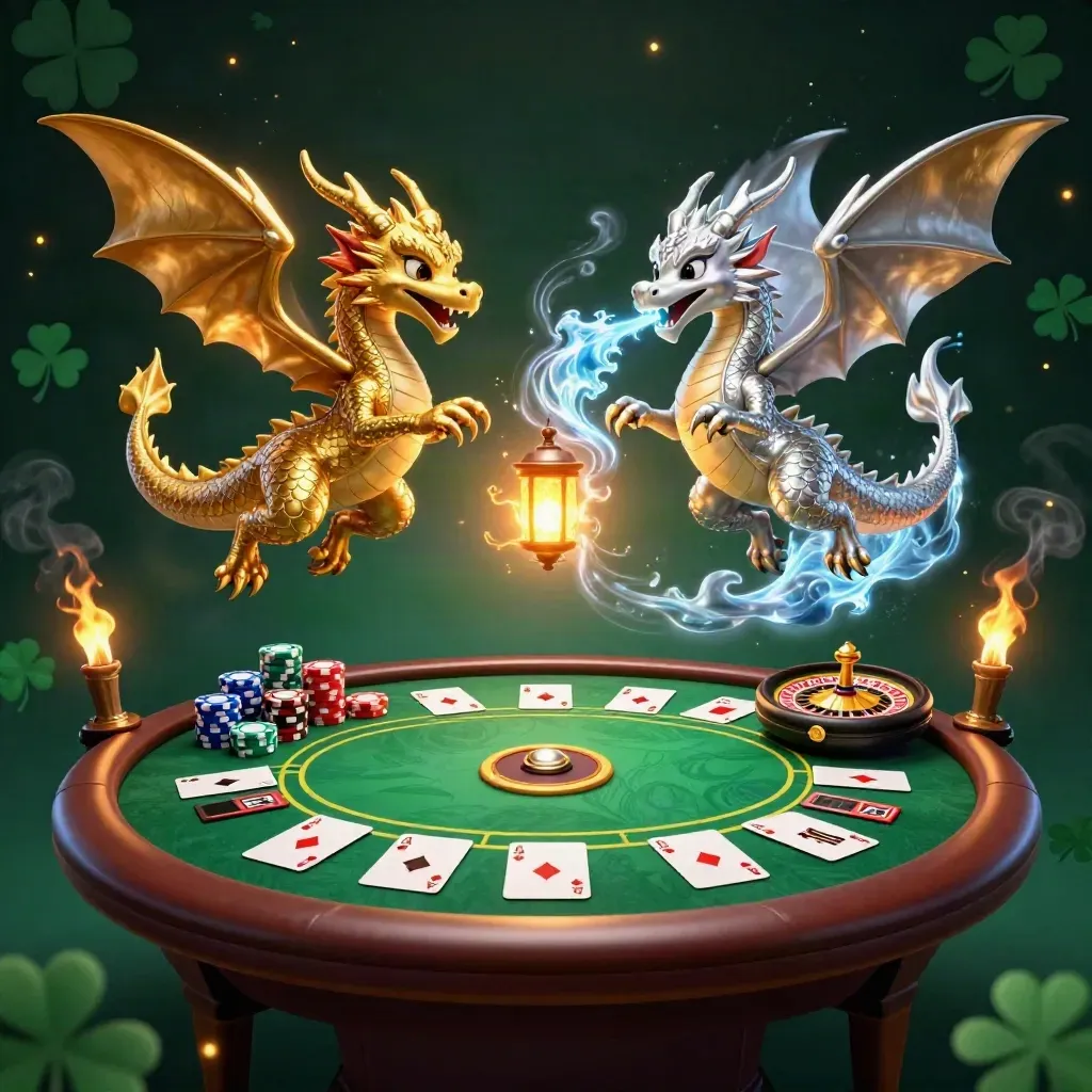 Gold and silver dragons with casino chips, cards, roulette wheel, and lantern spirit