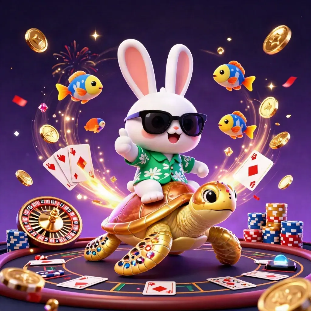Rabbit on a gold sea turtle amid casino chips, coins, cards, fireworks, and neon sparkles.