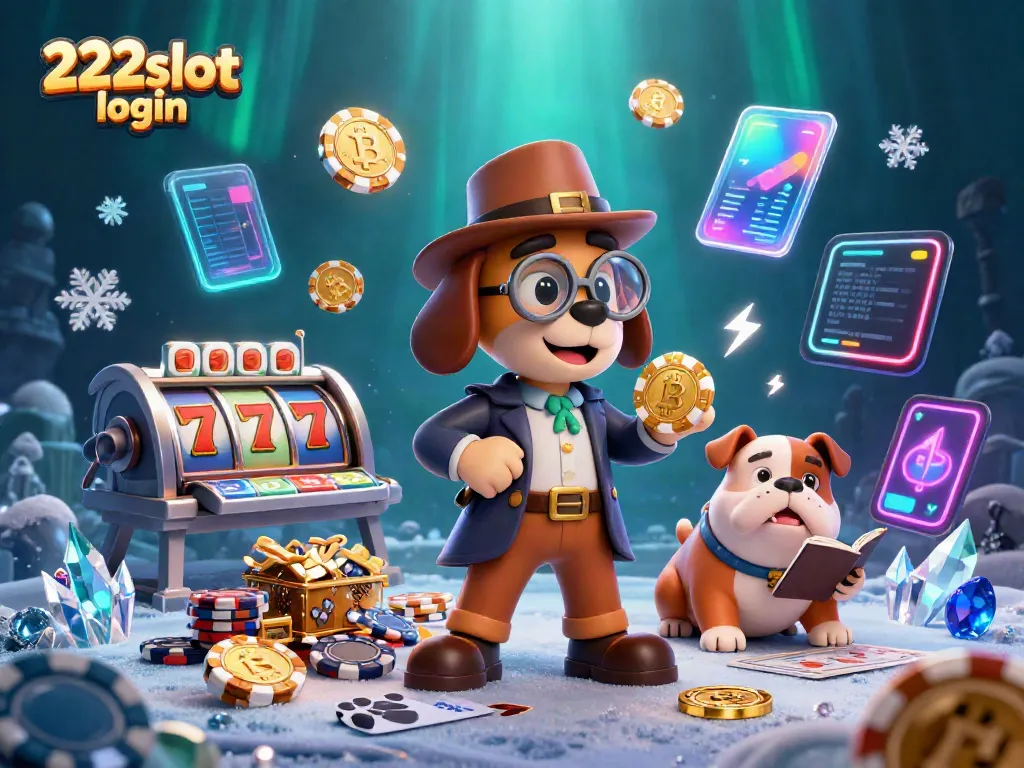 Gambarkan momen di mana pemain melakukan 222slot login dengan karakter kartun detektif dan aksesoris permainan slot.