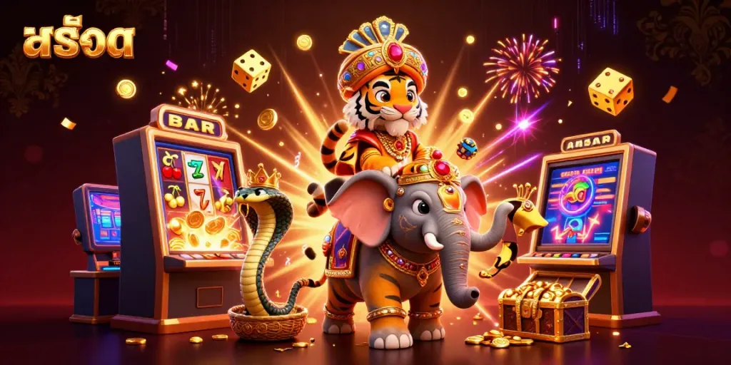 Experience the excitement of สล็อต with a vibrant 3D scene featuring a majestic maharaja tiger and slot machine dividends.
