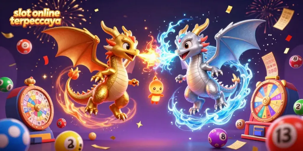 Permainan slot online terpercaya dengan naga dan bola lotere yang energetik.