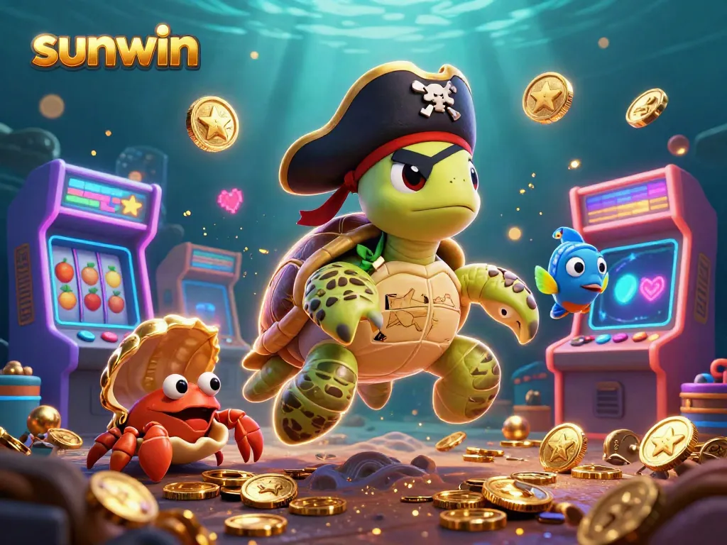 Engage in thrilling gameplay with sunwin's cartoon-inspired pirate characters, showcasing vibrant arcade machines and treasures.