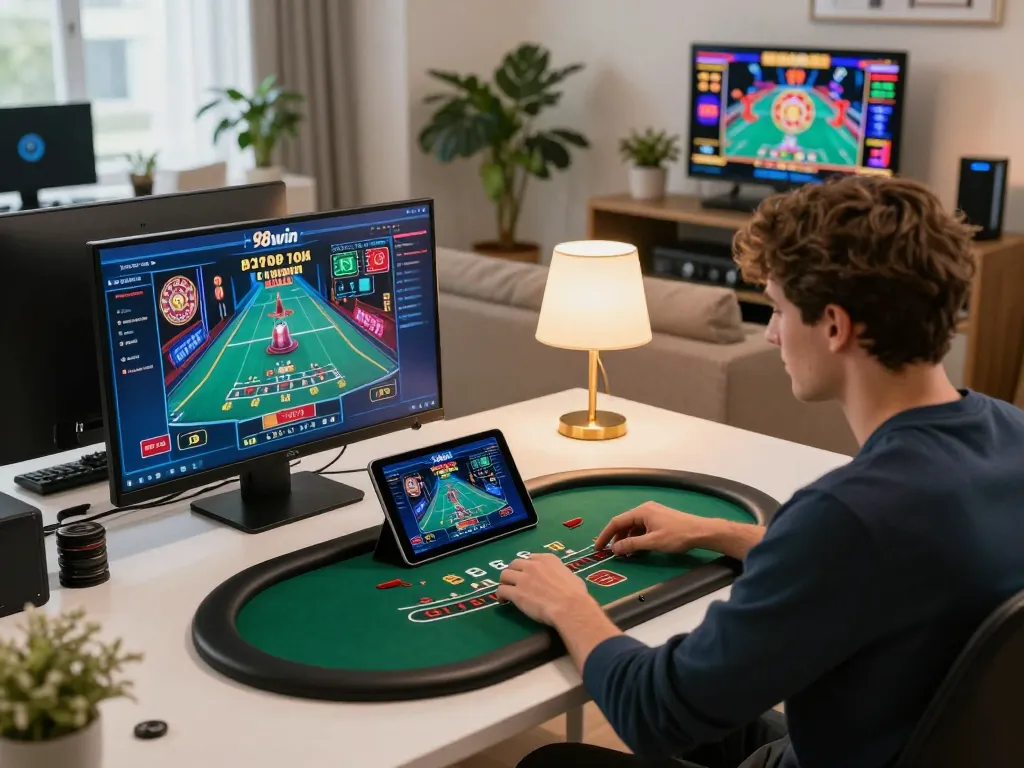 Engaging in the game 98win at home with tablet and gameplay interface