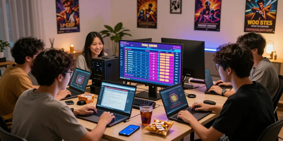 Friends enjoying togel online gaming, engaging in dynamic betting activities with tech-savvy setup and vibrant atmosphere.