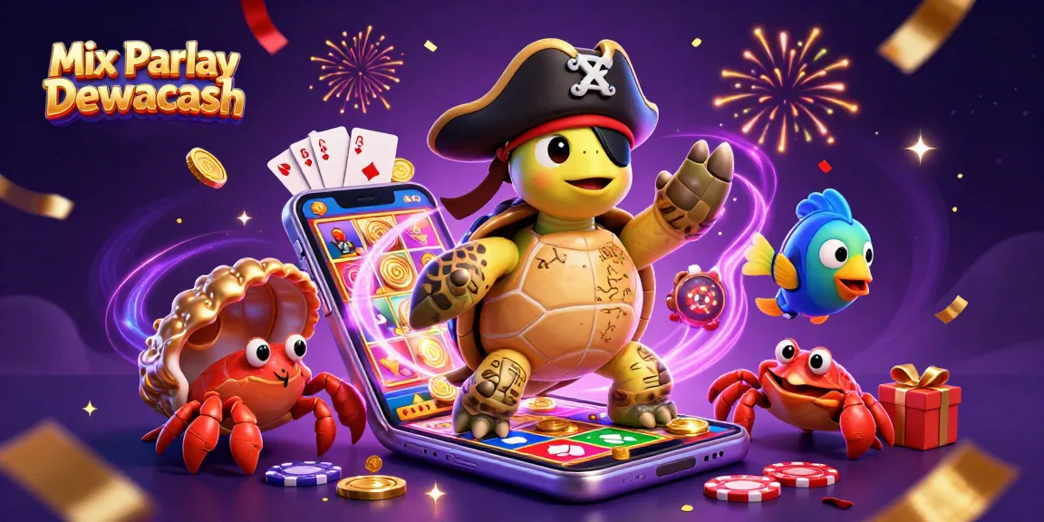 Spin and win with Mix Parlay Dewacash featuring vibrant 3D casino elements and characters celebrating above treasures.
