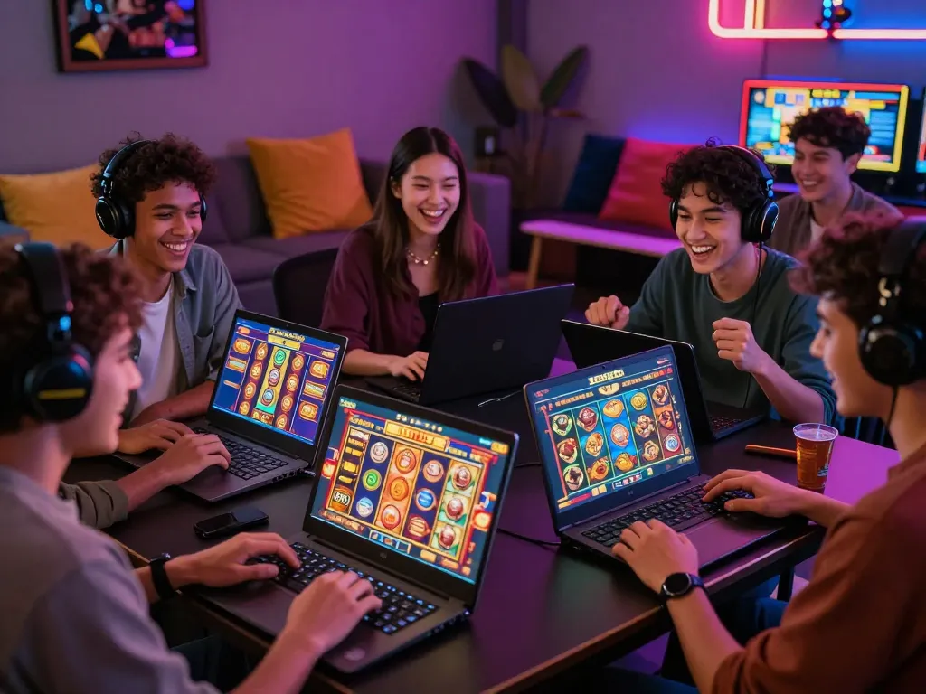 Players immersed in the exciting gaming atmosphere of zeus138, enjoying vibrant slot games together.