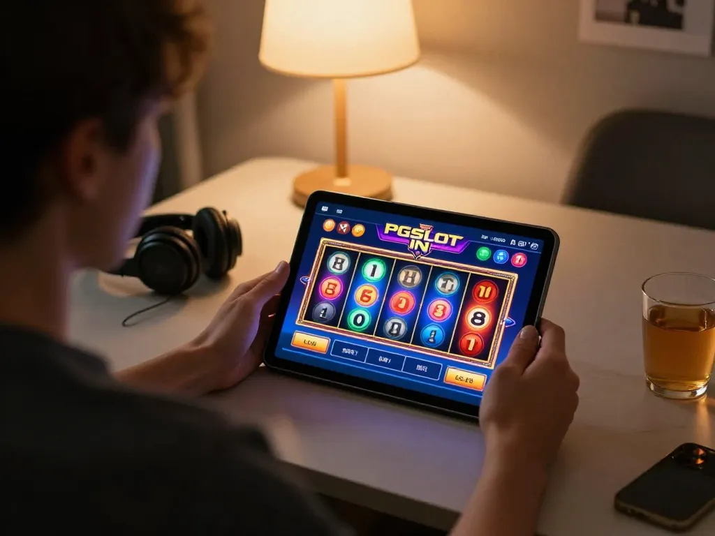 Player enjoying engaging gameplay on PGSLOT IN app with vibrant graphics and spinning reels.