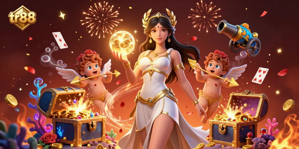 Bet on tr88 with exciting 3D illustration featuring goddess, cherubs, and casino elements.