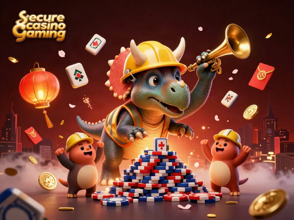 Engage in secure casino gaming with cheerful characters building a poker chip pyramid and festive elements.