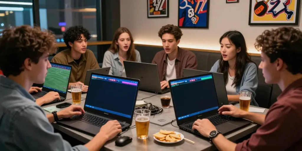 Social gathering at a modern sports betting lounge featuring live match displays and vibrant atmosphere on https://statymuzona.lt/.