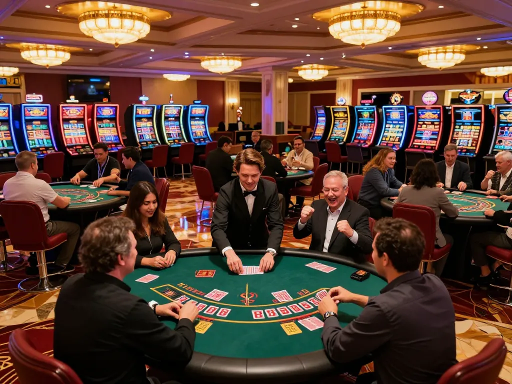 Situs resmi menampilkan lantai kasino yang energik dengan pemain di meja blackjack dan roulette, menyoroti permainan yang dinamis dan semangat.
