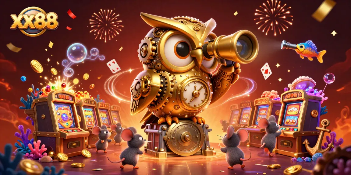 Experience the excitement of xx88 with our vibrant casino scene featuring an owl and mouse patrons.