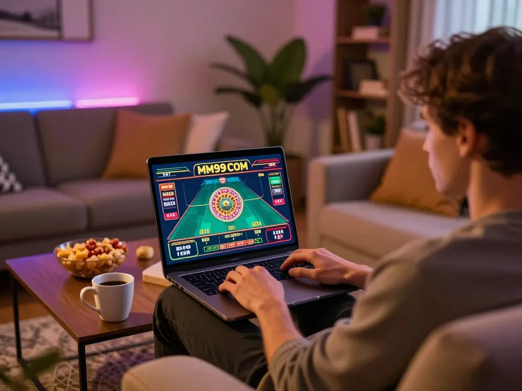 Engaging in online gaming at MM99 COM, a player enjoys a cozy home setup with laptop and snacks.