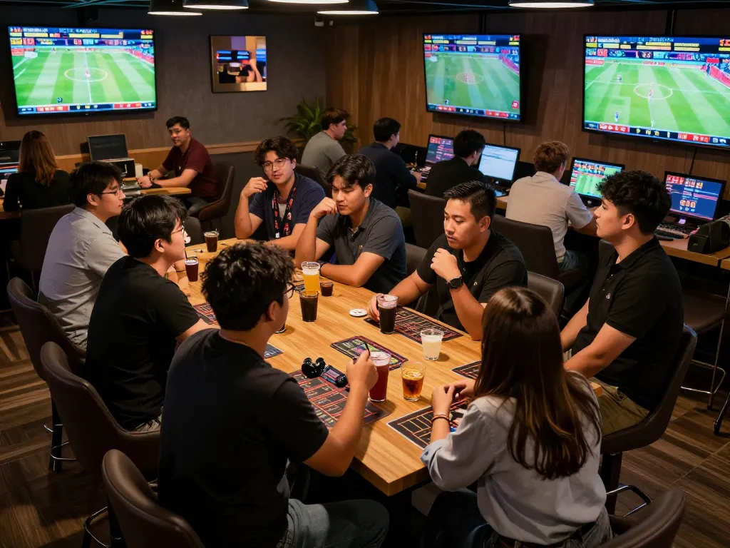 Excited bettors analyzing odds and placing bets at tg88 sports lounge.