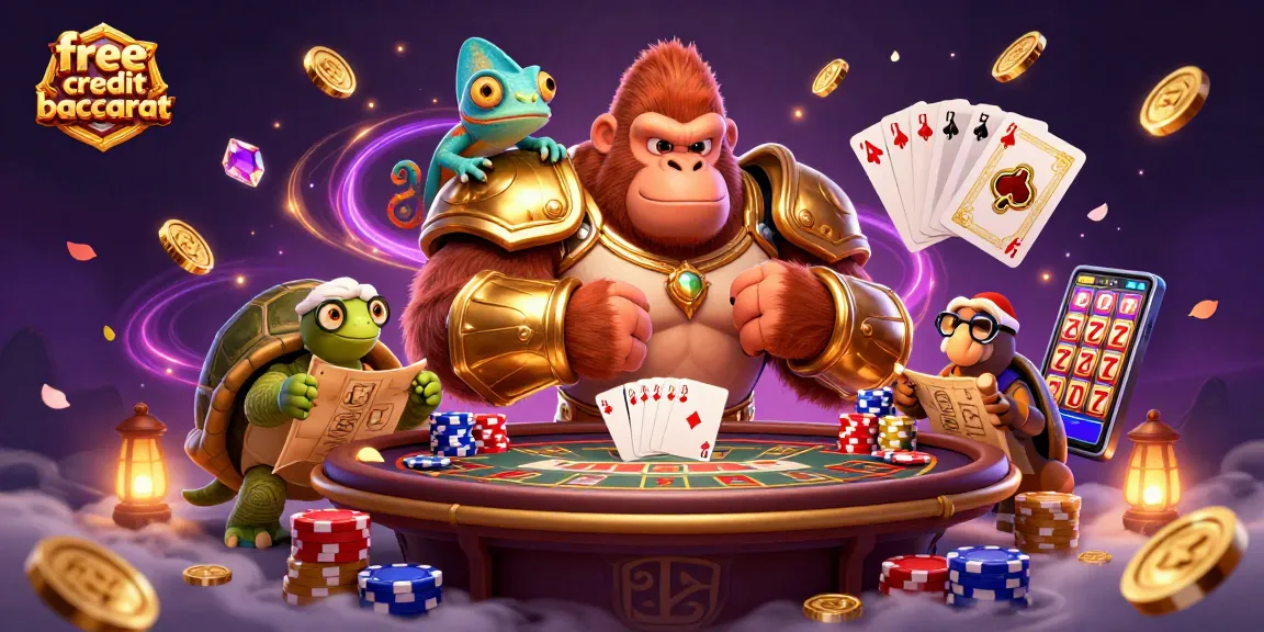 Engage with free credit baccarat at a bustling gaming table, surrounded by vibrant casino elements.