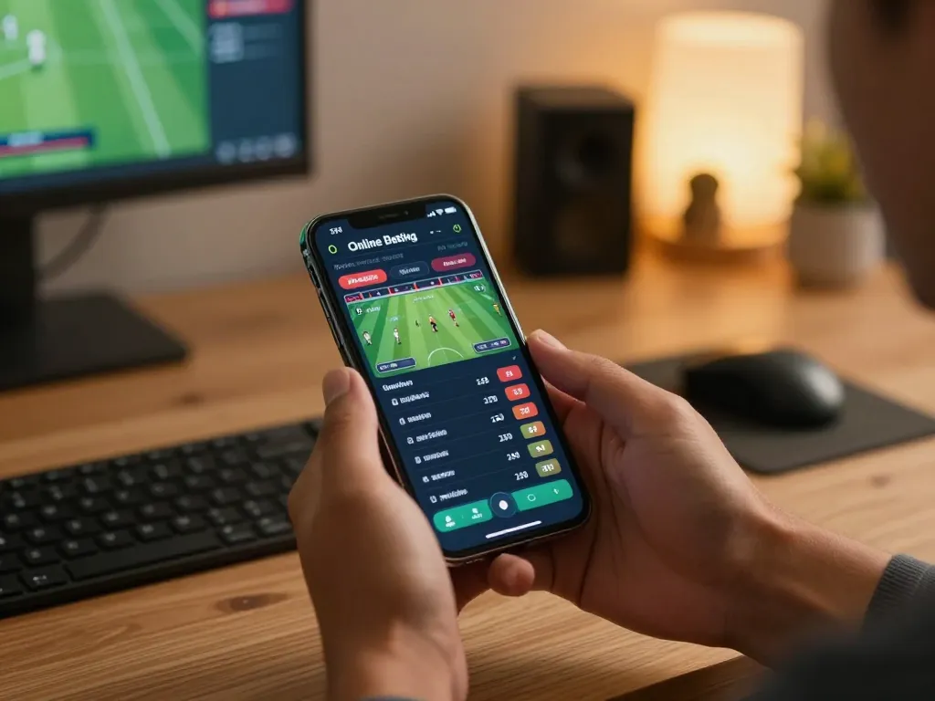 Engaging with keonhacai's online sports bets displayed on smartphone in a cozy home office.