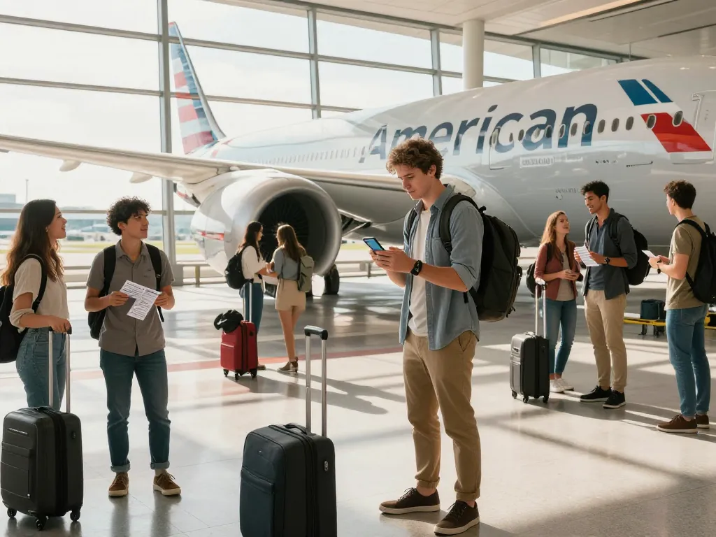 Traveler excitedly boarding the American Airlines 789P Dreamliner.