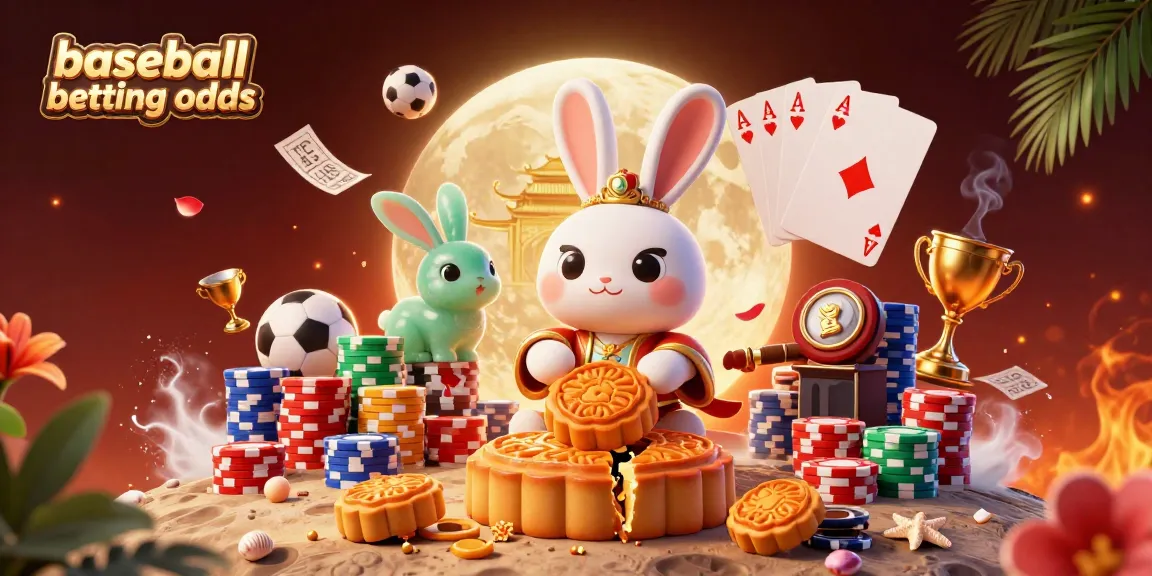 Engage in baseball betting odds action illustrated with a moon rabbit and poker elements around!