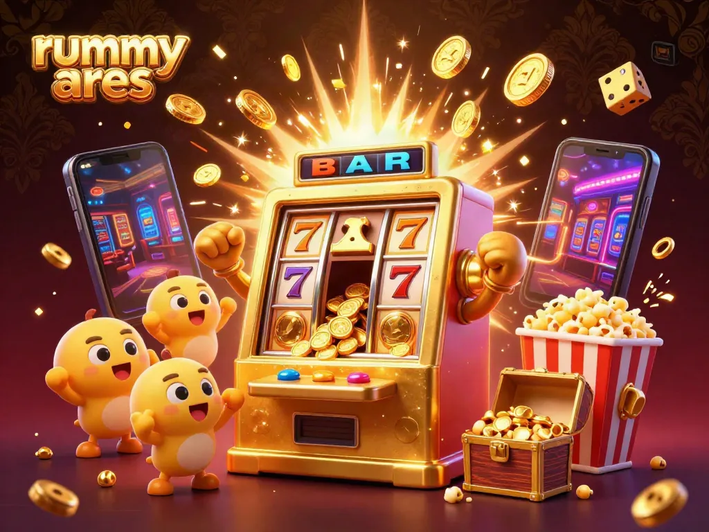 Experience the exciting world of rummy ares with a golden slot machine hitting a jackpot, surrounded by cheering baby slots and vibrant game elements.
