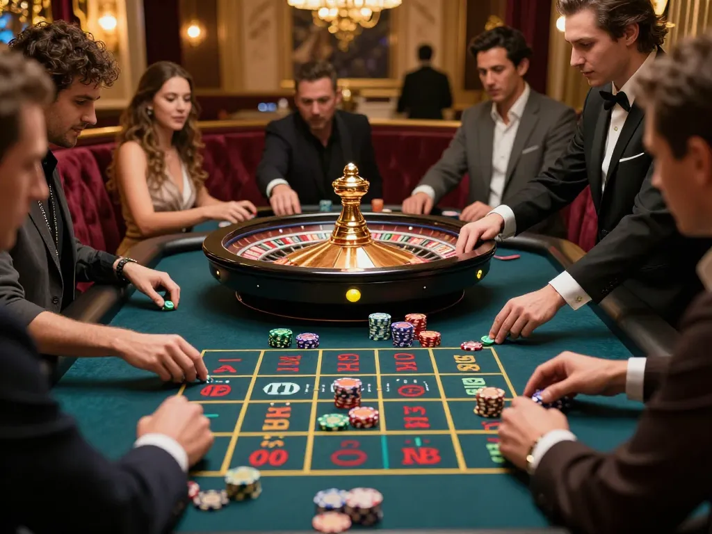 Engaging players at a roulette table placing bets in a vibrant toto togel casino atmosphere.