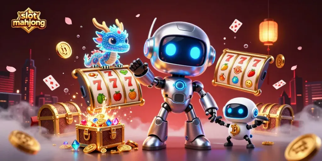 Engage with slot mahjong and vibrant gaming elements in a dynamic, energetic scene depicting a cyberpunk robot surrounded by treasures.
