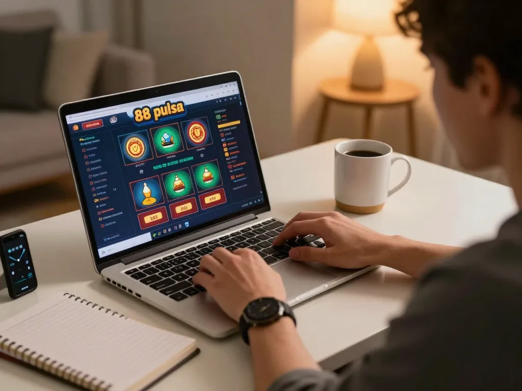 Engaged player enjoying 88 pulsa online casino gaming from a cozy home setup.