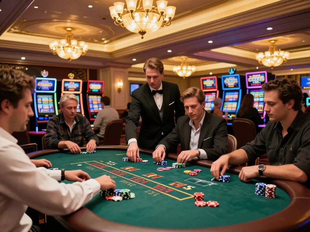 Experience cm88's thrilling atmosphere with players engaged in high-stakes poker at a vibrant casino.