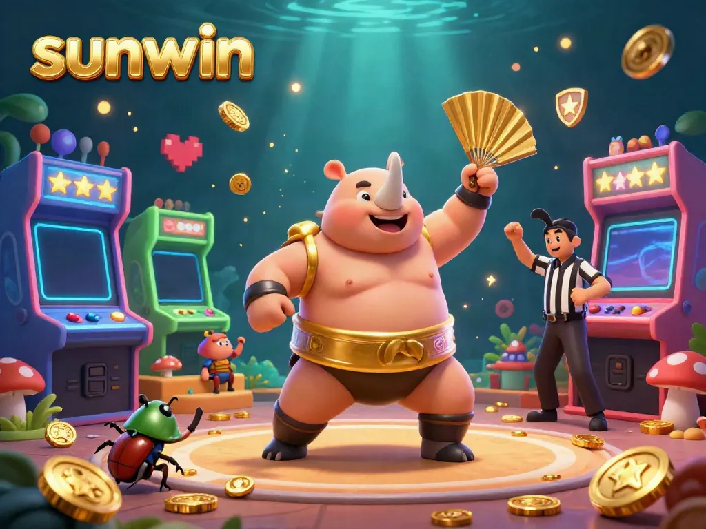 Experience the thrill of gambling with sunwin's dynamic 3D cartoon scene featuring a rhinoceros beetle champion and vibrant gaming elements.